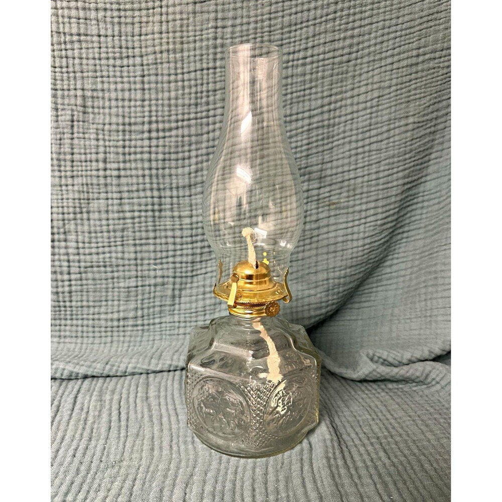 Vintage 1970s Lamplight Farms Hexagon Oil Lamp Wagon Scene Complete with Chimney